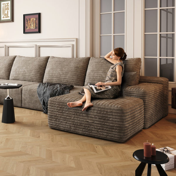 HomeRoots 135" Green Corduroy Modular Sofa - Luxurious Pillow-Back Comfort with Toss Pillows for Any Space 712973