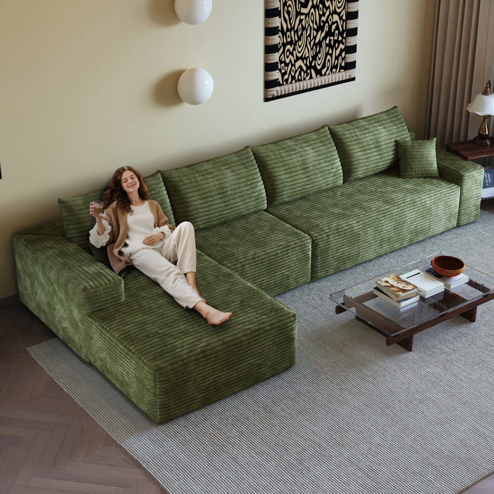 HomeRoots 135" Green Corduroy Modular Sofa - Expandable Comfort with Toss Pillows for Stylish Family Living 712974
