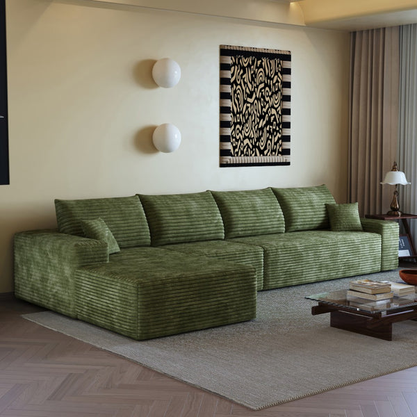 HomeRoots 135" Green Corduroy Modular Sofa - Expandable Comfort with Toss Pillows for Stylish Family Living 712974