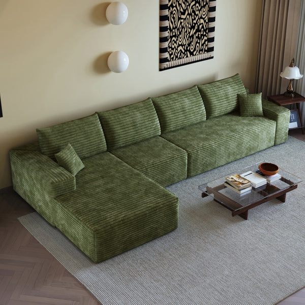 HomeRoots 135" Green Corduroy Modular Sofa - Expandable Comfort with Toss Pillows for Stylish Family Living 712974