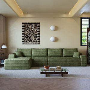 HomeRoots 135" Green Corduroy Modular Sofa - Expandable Comfort with Toss Pillows for Stylish Family Living 712974