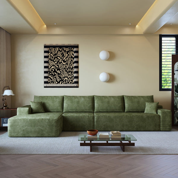 HomeRoots 135" Green Corduroy Modular Sofa - Expandable Comfort with Toss Pillows for Stylish Family Living 712974