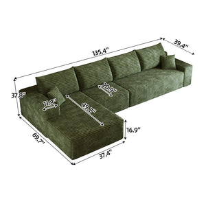HomeRoots 135" Green Corduroy Modular Sofa - Expandable Comfort with Toss Pillows for Stylish Family Living 712974