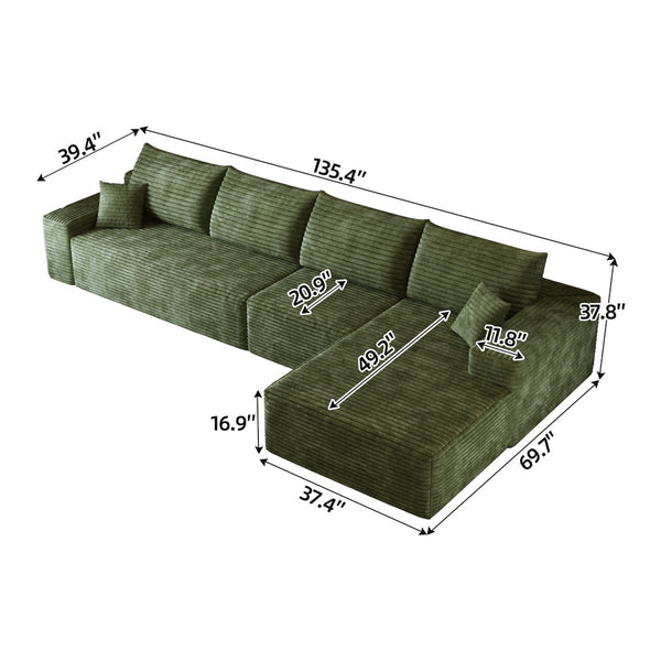 HomeRoots 140" Black Corduroy Modular Sofa with Toss Pillows - Stylish, Comfortable, and Versatile Seating Solution 712975