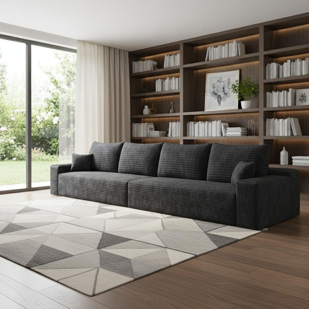 HomeRoots 168" Black Corduroy Modular Sofa - Luxurious Compression Foam with 6 Toss Pillows for Comfort 712976
