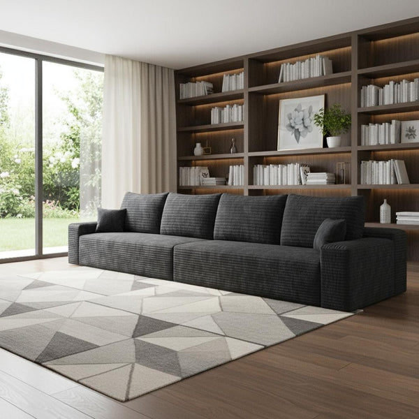 HomeRoots 168" Black Corduroy Modular Sofa - Luxurious Compression Foam with 6 Toss Pillows for Comfort 712976