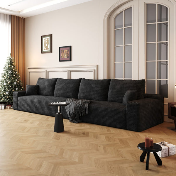 HomeRoots 168" Black Corduroy Modular Sofa - Luxurious Compression Foam with 6 Toss Pillows for Comfort 712976