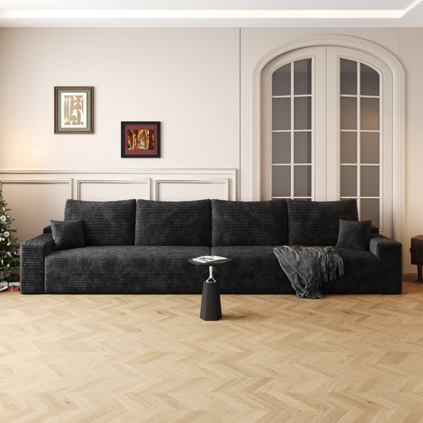 HomeRoots 168" Black Corduroy Modular Sofa - Luxurious Compression Foam with 6 Toss Pillows for Comfort 712976