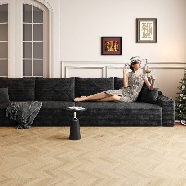 HomeRoots 168" Black Corduroy Modular Sofa - Luxurious Compression Foam with 6 Toss Pillows for Comfort 712976