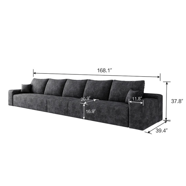 HomeRoots 140" Gray Corduroy Modular Sofa - Plush Compression Foam with Toss Pillows for Ultimate Comfort 712977