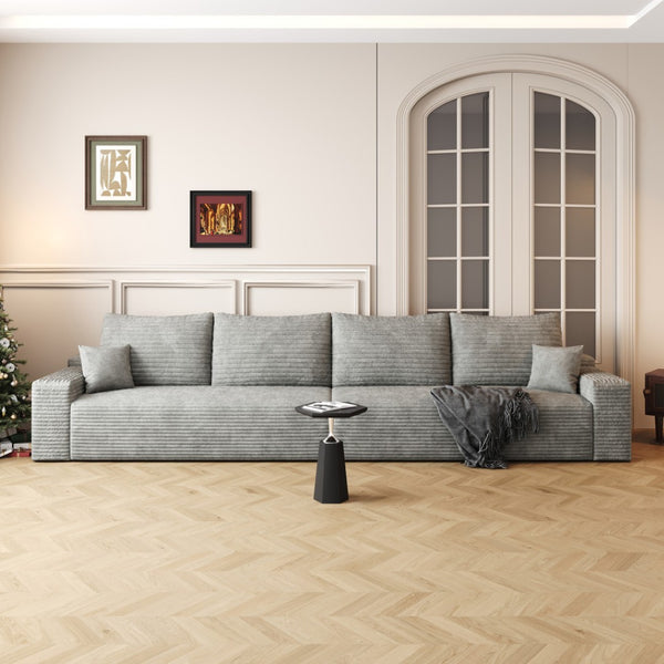 HomeRoots 168" Gray Corduroy Modular Sofa with Compression Foam & 6 Toss Pillows for Ultimate Comfort 712978