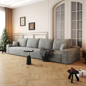 HomeRoots 168" Gray Corduroy Modular Sofa with Compression Foam & 6 Toss Pillows for Ultimate Comfort 712978