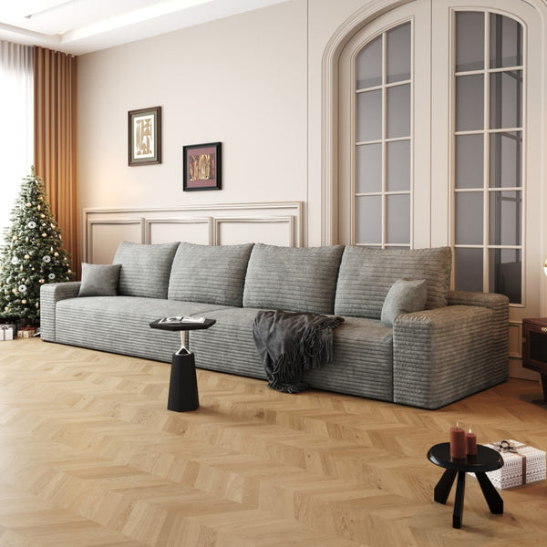 HomeRoots 168" Gray Corduroy Modular Sofa with Compression Foam & 6 Toss Pillows for Ultimate Comfort 712978