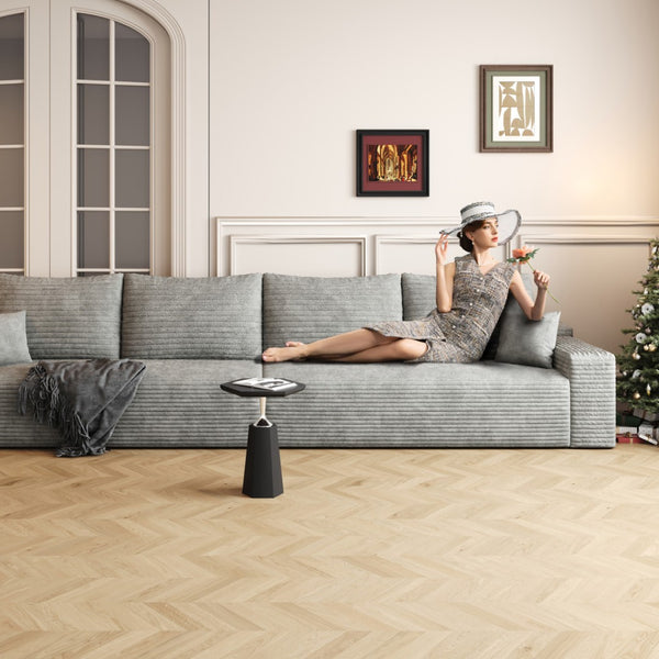 HomeRoots 168" Gray Corduroy Modular Sofa with Compression Foam & 6 Toss Pillows for Ultimate Comfort 712978