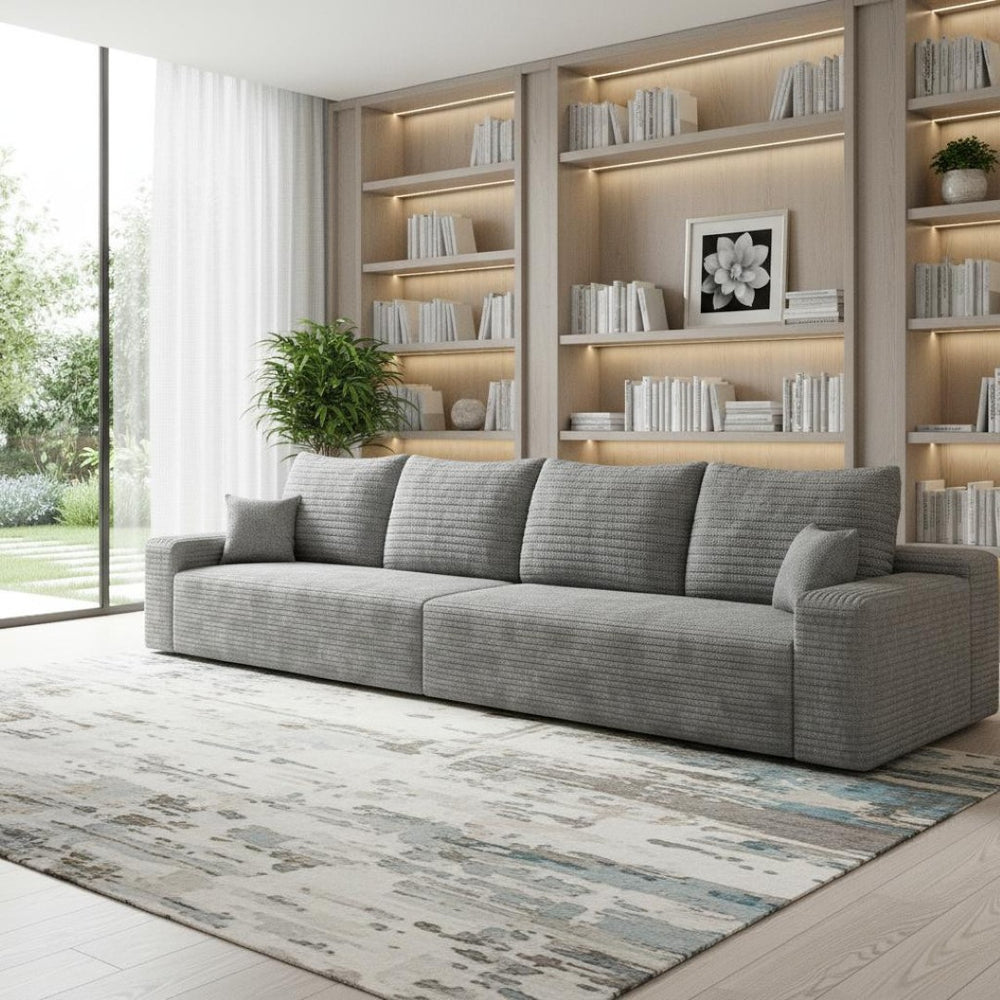 HomeRoots 168" Gray Corduroy Modular Sofa with Compression Foam & 6 Toss Pillows for Ultimate Comfort 712978