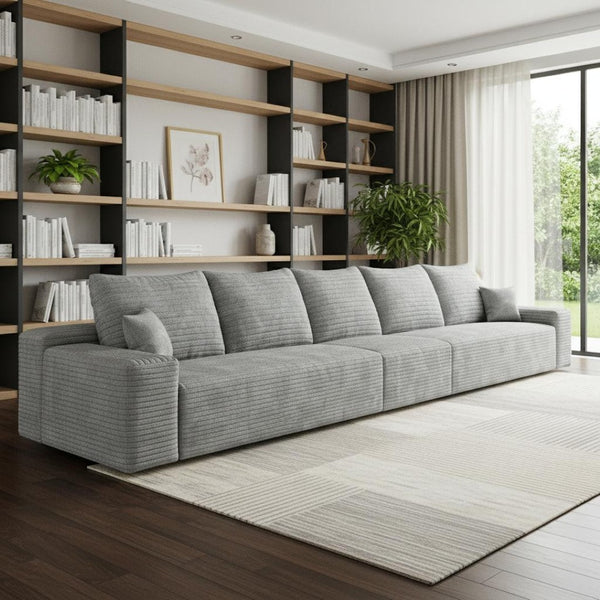 HomeRoots 140" Camel Corduroy Sofa - Modular Design, Plush Compression Foam, and 7 Toss Pillows for Comfort 712979