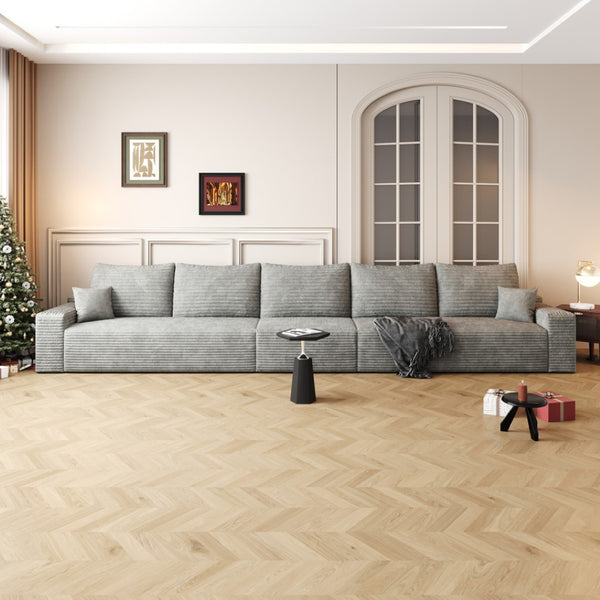 HomeRoots 140" Camel Corduroy Sofa - Modular Design, Plush Compression Foam, and 7 Toss Pillows for Comfort 712979