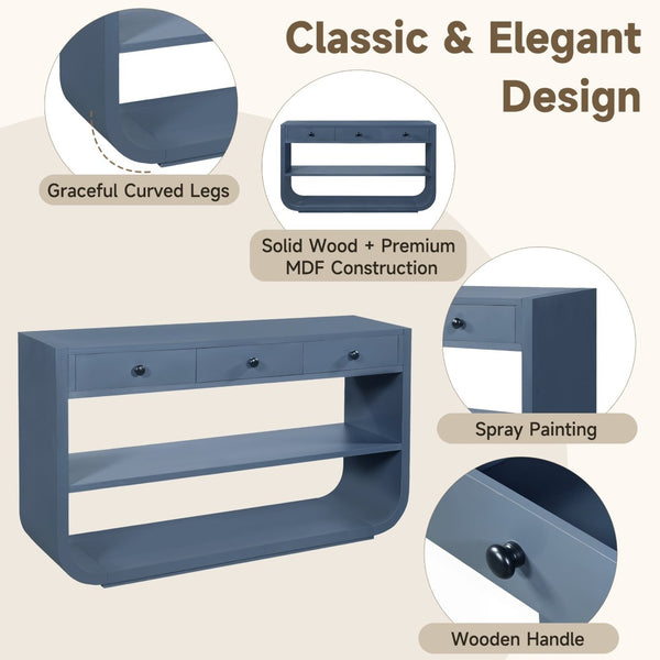 English Elm [video] Sculptural Console Table Pine Wood Curved Legs Soft-close Drawers Open Shelving Entryway Blue N759P433560C