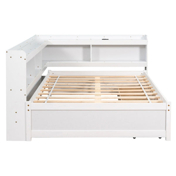 English Elm Full Platform Bed with L-shaped Bookcase Built-in Power Outlets and Storage Drawers White W504S00340