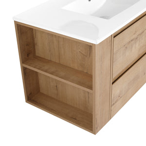 English Elm 36" Wall Mounting Bathroom Vanity With Ceramic Sink, Side Adjustable Shelf, Soft-Close Drawers, Water-Resistant Plywood Finish W999S00142