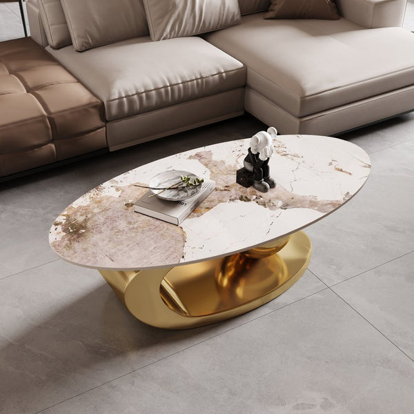 English Elm Gold Pedestal Coffee Table with Sintered Stone Marble Top for Modern Living Rooms W3985S00020