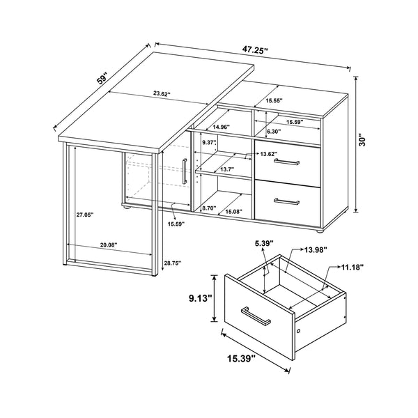 English Elm 59-inch L-Shape Desk Grey Driftwood with Geometric Frame, 5 Open Shelves & 2 Drawers for Organized Workspaces B016P381031