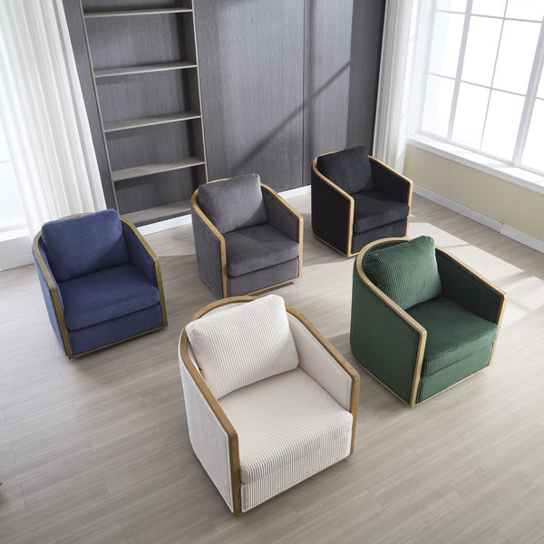 English Elm Corduroy Swivel Barrel Chair with Sturdy Wood Frame & Metal 360° Base, Plush Corduroy Comfort Pop Beige W395P220270