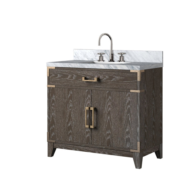 English Elm Brown Oak Single Bath Vanity With Carrara Marble Top & Chrome Faucet - Elegant Storage Solution B2731P259784