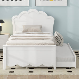 English Elm Twin Solid Wood Platform Bed with Headboard & Pull-Out Trundle, White Finish, Sturdy Pine/MDF Design GX000389AAK