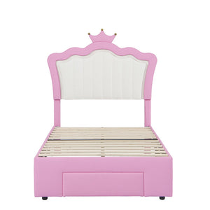 English Elm Twin Upholstered Bed Frame With Led Lights & Crown Headboard - Pink And White, Stylish Storage Solution W2770P190376-GIGA