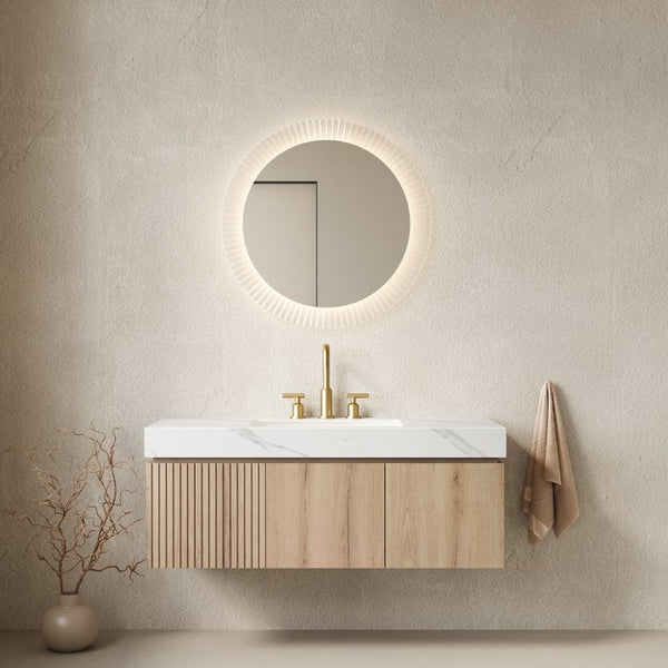 English Elm Muri Floating Bathroom Vanity Plywood Cabinet Sintered Stone Top Oak Woodgrain W2615S00631