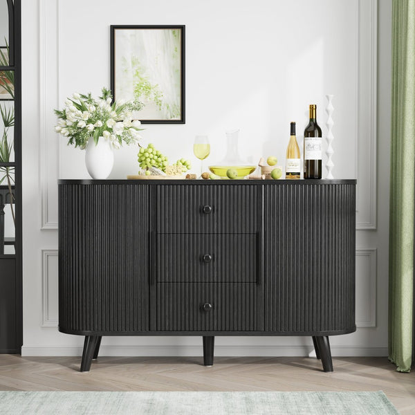English Elm Sideboard Fluted Credenza with Three Drawers Two Doors Matte Black Modern Storage Black T3773P417309