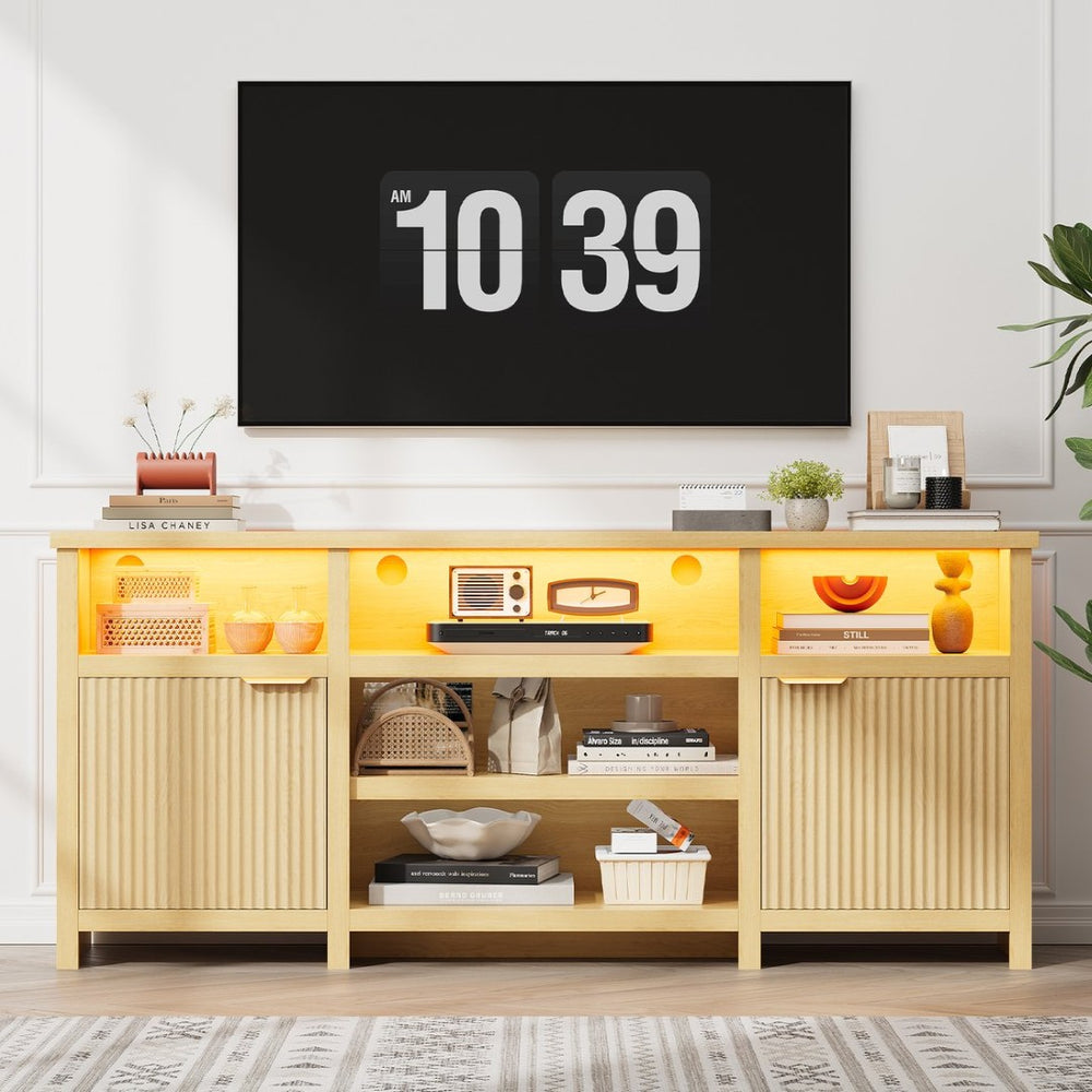 English Elm Highboy Media Console with Led Lighting Fluted Panels and Storage for Living Room T3773P416497