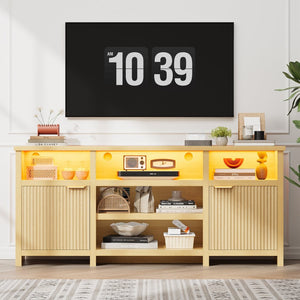 English Elm Highboy Media Console with Led Lighting Fluted Panels and Storage for Living Room T3773P416497