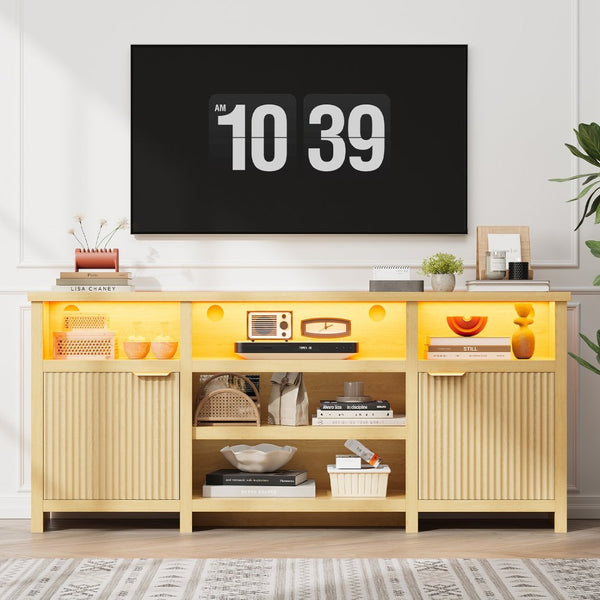 English Elm Highboy Media Console with Led Lighting Fluted Panels and Storage for Living Room T3773P416497
