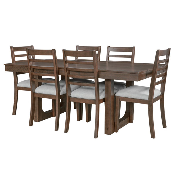 English Elm 7 Piece Farmhouse Dining Set Oak Veneer Extendable Table Six Upholstered Chairs Beige,Walnut N752S000090D-1