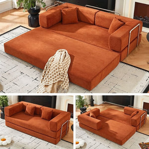English Elm Convertible Corduroy Floor Sofa with Folding Sleeper and Bolster Pillow for Apartments Orange W5638P460470