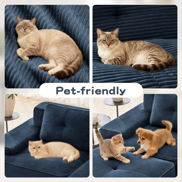English Elm Modern Corduroy Sectional Sofa Tufted 3 Seater with Movable Ottoman Deep Seat Blue W714S01802