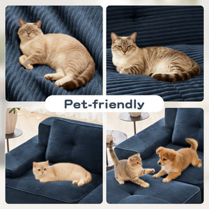 English Elm Modern Corduroy Sectional Sofa with Tufted Cushions Deep Seat and Movable Ottoman Blue W714S01805