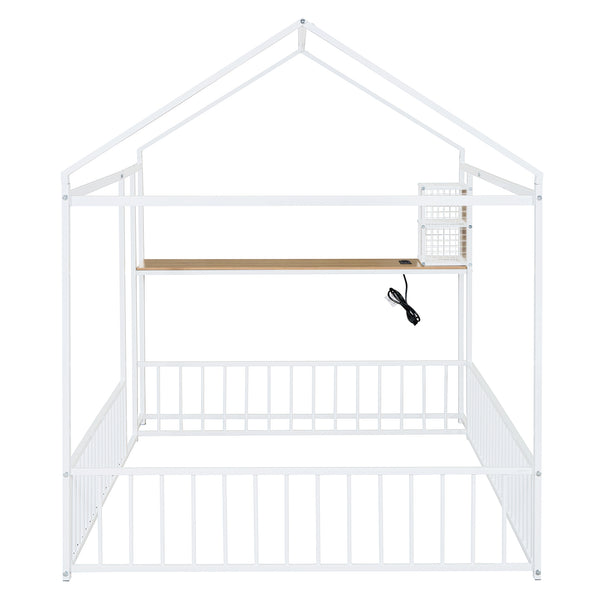 English Elm Full Size Metal House Bed Frame with Desk, Shelves, USB Power Ports & Playful Roof for Kids Room Delight White N737P173491K