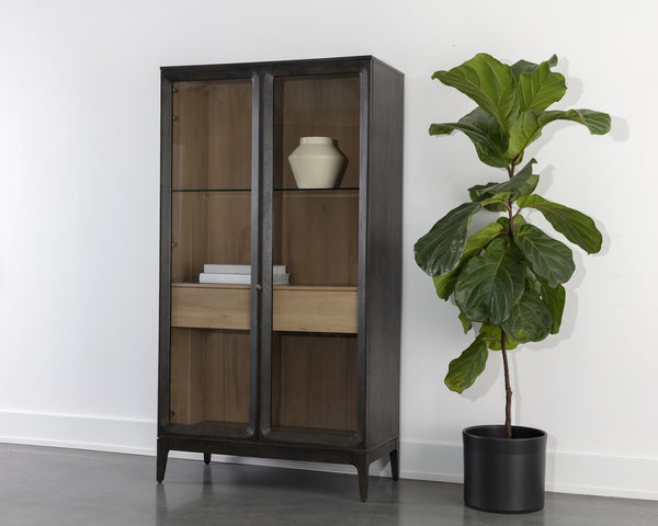 Sunpan Cecilia Display Cabinet - Mid-Century Modern Design with Smoked Grey Acacia & Glass Doors, 75H