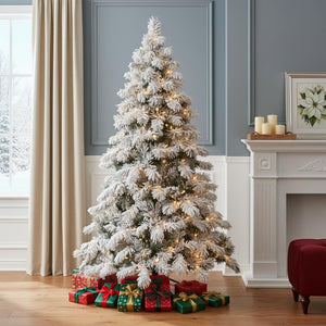 HomeRoots 5' Flocked Pine Christmas Tree – Pre-Lit, Snow-Dusted Branches for a Charming Winter Wonderland Look 84 713068