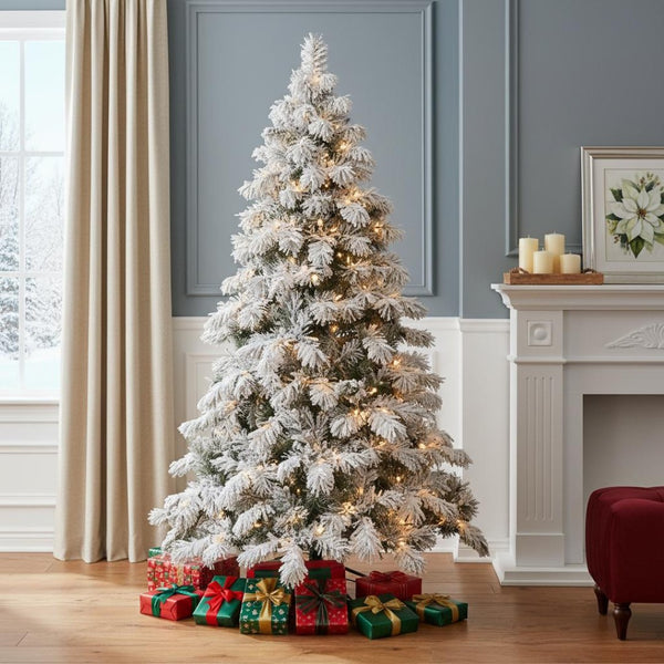 HomeRoots 5' Flocked Pine Christmas Tree – Pre-Lit, Snow-Dusted Branches for a Charming Winter Wonderland Look 84 713068