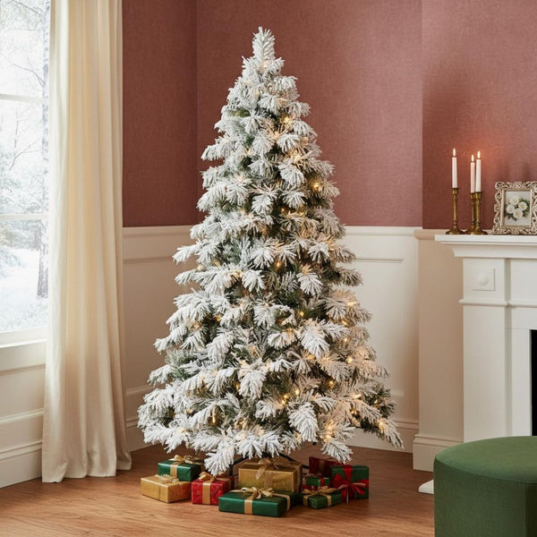HomeRoots 5' Flocked Pine Christmas Tree – Pre-Lit, Snow-Dusted Branches for a Charming Winter Wonderland Look 96 713069