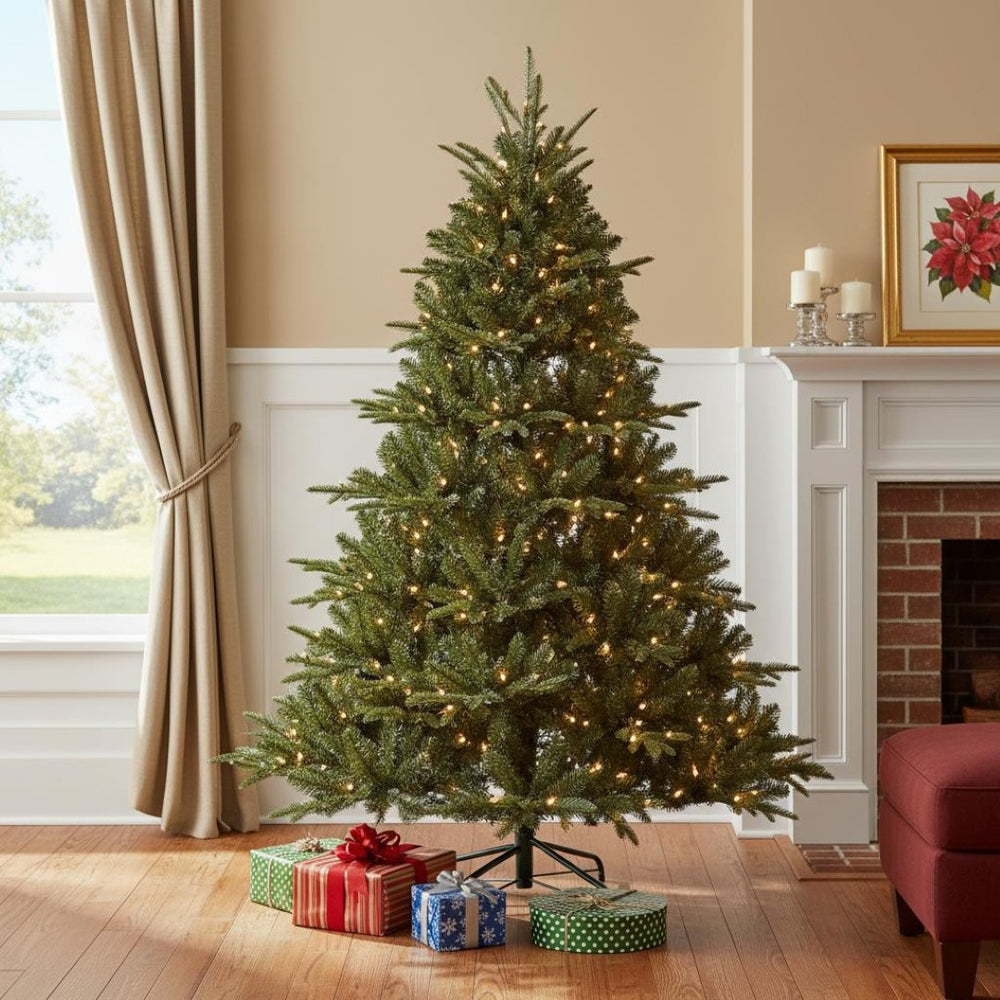 HomeRoots 7' Pre Lit Full Pine Christmas Tree with Warm LEDs – Lush, Realistic Design for Effortless Holiday Cheer 713074