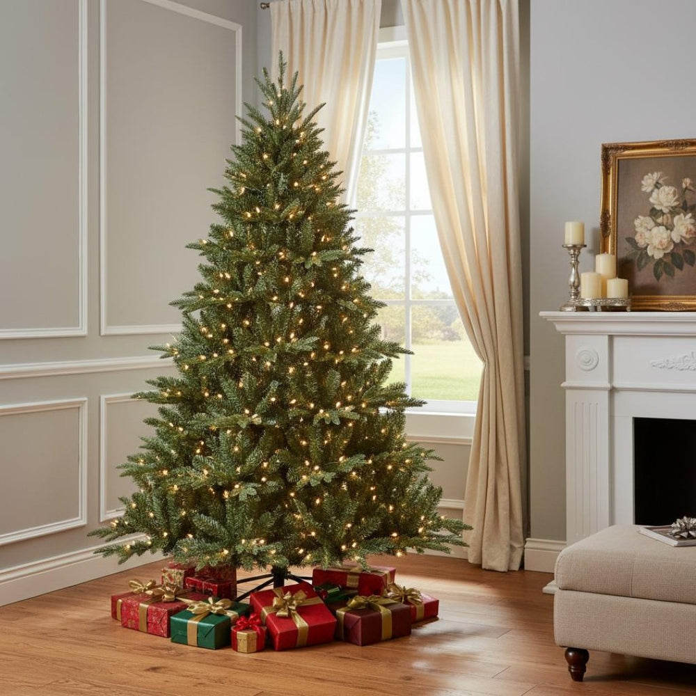 HomeRoots 8' Pre Lit Full Pine Christmas Tree - Realistic, Durable Design with 850 Warm LED Lights for Holiday Cheer 713076