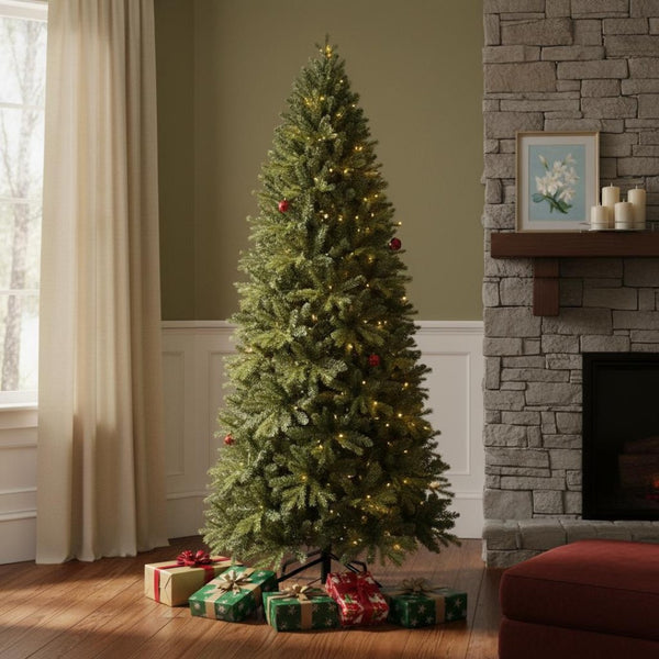 HomeRoots 7' Pre-Lit Full Pine Christmas Tree - Lifelike Design with 400 LED Lights for Effortless Holiday Cheer 713081