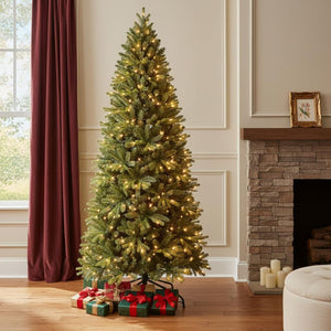 HomeRoots 8' Pre-Lit Full Pine Christmas Tree - Lifelike, Durable, Easy Setup with Bright White LEDs for Holiday Cheer 713083