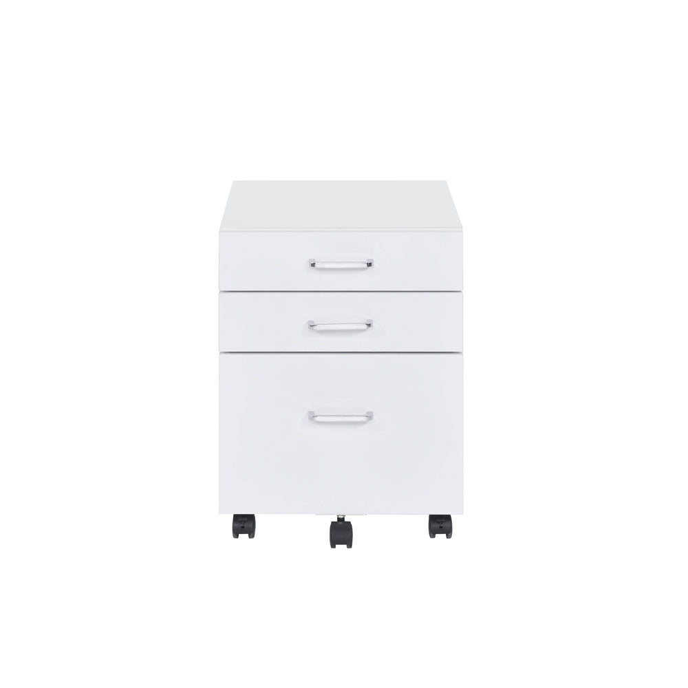 English Elm Tennos Modern White & Chrome File Cabinet with 4-Tier Shelves, 3 Drawers, Wheels & X-Frame Design B2726P294781