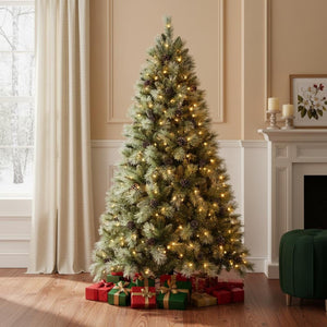 HomeRoots 7.5' Pre Lit Full Pine Christmas Tree - Lush, Hassle-Free Setup with 450 LED Lights for Festive Cheer 713091